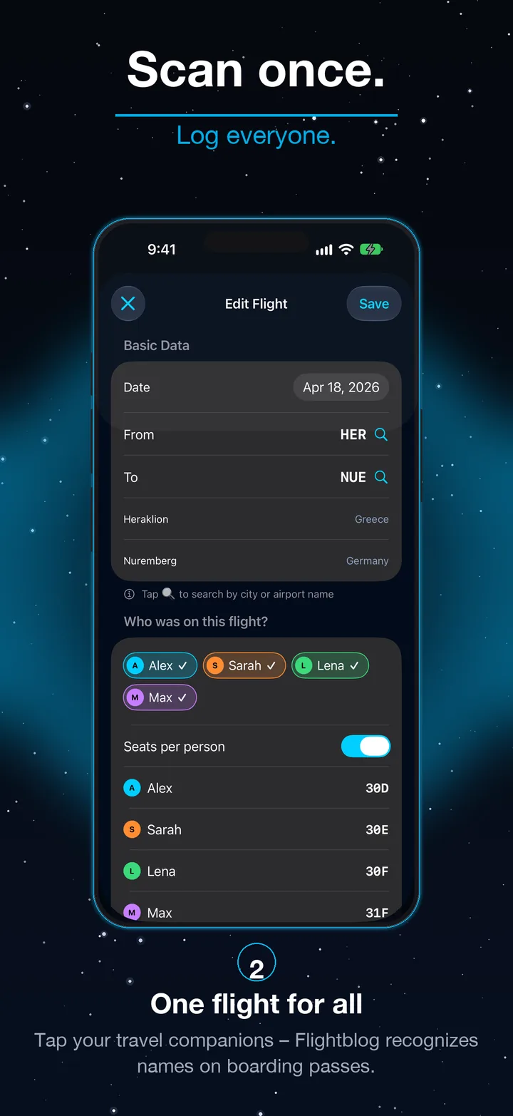 Scan a boarding pass and tap all travel companions in Flightblog