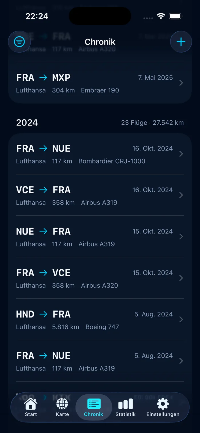 Flugchronik – alle Flüge sortiert als Flugtagebuch