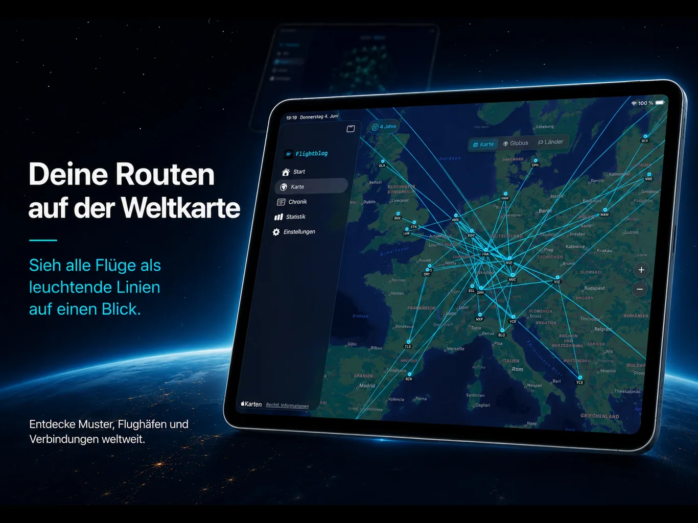 Interaktive Weltkarte mit Flugrouten auf dem iPad in Flightblog